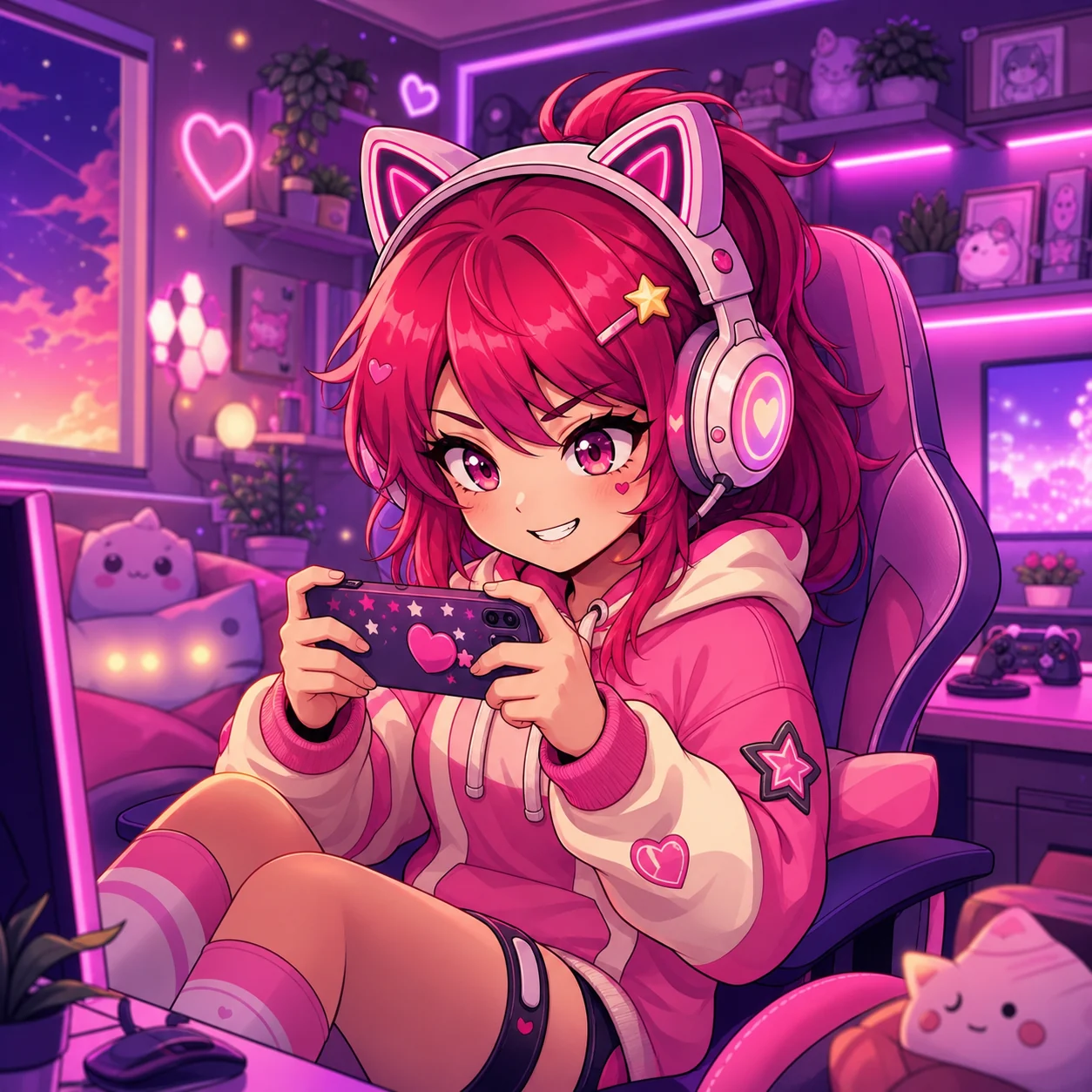 Pink-haired gamer playing in a neon gaming room